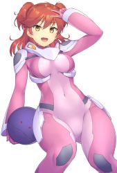 Rule 34 | 1girl, ahoge, arm up, bad haro, bodysuit, breasts, covered navel, earrings, foreshortening, freckles, gluteal fold, gundam, gundam 00, hair between eyes, holding, jewelry, looking at viewer, medium breasts, medium hair, nena trinity, open mouth, pilot suit, pink bodysuit, pinta (ayashii bochi), red hair, round teeth, simple background, smile, stud earrings, teeth, thighs, tongue, two side up, v, white background, wide hips, yellow eyes