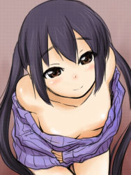 Rule 34 | 00s, 1girl, black hair, blush, breasts, brown eyes, downblouse, k-on!, leaning forward, long hair, looking at viewer, nakano azusa, no bra, off-shoulder, off-shoulder sweater, petite, sakaki imasato, small breasts, smile, solo, sweater, twintails, undressing