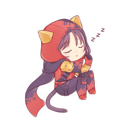 Rule 34 | 1girl, animal hat, animification, apex legends, black hair, black pants, black scarf, cat hat, cat tail, chibi, closed eyes, hat, hellcat wraith, iroha (mimi0618xx), jacket, official alternate costume, open mouth, pants, red jacket, scarf, sleeping, solo, tail, white background, wraith (apex legends), zzz