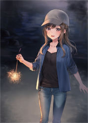 Rule 34 | 1girl, :d, baseball cap, black shirt, blue pants, blue shirt, breasts, brown eyes, brown hair, cleavage, collarbone, collared shirt, commentary request, denim, dress shirt, fireworks, grey hat, hat, holding, holding fireworks, jeans, long hair, looking at viewer, midorikawa you, night, open clothes, open mouth, open shirt, original, outdoors, pants, ponytail, senkou hanabi, shirt, sidelocks, small breasts, smile, solo, sparkler, undershirt, water