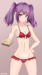 Rule 34 | 1girl, absurdres, alice gear aegis, bikini, box, breasts, cleavage, collarbone, commentary request, cowboy shot, frilled bikini, frills, gift, grey background, highres, ichijou ayaka, long hair, looking at viewer, navel, purple eyes, purple hair, rasen manga, red bikini, simple background, small breasts, solo, standing, swimsuit, twintails