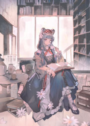 Rule 34 | absurdres, ajirui, animal ears, arknights, bear ears, black dress, black footwear, blue eyes, book, bookshelf, braid, closed mouth, cup, diagonal stripes, dress, flower, frilled dress, frilled hairband, frills, full body, grey hair, grey jacket, grey socks, hair flower, hair ornament, hairband, hand up, highres, holding, holding cup, indoors, istina (arknights), jacket, long hair, monocle, off shoulder, open book, open clothes, open jacket, ribbed socks, shirt, shoes, sitting, sleeveless, sleeveless dress, smile, socks, steam, striped clothes, striped hairband, stuffed animal, stuffed toy, table, teddy bear, twin braids, white flower, white shirt, window