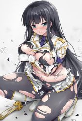 Rule 34 | 1girl, aqua eyes, armband, black hair, black pantyhose, black shirt, blush, boots, breasts, cleavage, collared shirt, commentary request, covering privates, covering breasts, gloves, highres, ikaruga (senran kagura), jacket, katana, knee boots, kneeling, large breasts, long hair, long sleeves, looking at viewer, navel, necktie, on one knee, pantyhose, parted lips, pleated skirt, purple necktie, r-binon, school uniform, senran kagura, shadow, shirt, sidelocks, simple background, skirt, solo, stomach, sweat, sword, torn clothes, torn jacket, torn pantyhose, torn shirt, torn skirt, very long hair, weapon, white background, white footwear, white gloves, white jacket, white skirt