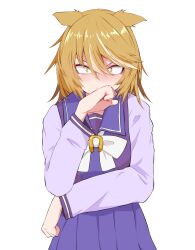 Rule 34 | 1girl, animal ears, blonde hair, bow, bowtie, commentary request, eyebrows hidden by hair, golden sash (racehorse), hair between eyes, highres, horse ears, horse girl, light brown hair, long sleeves, looking at viewer, okumari, original, personification, pleated skirt, purple sailor collar, purple shirt, purple skirt, sailor collar, sailor shirt, school uniform, shirt, skirt, solo, tracen school uniform, tsurime, umamusume, white bow, white bowtie, winter uniform, yellow eyes