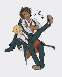 Rule 34 | 1boy, 1girl, arm up, black coat, black footwear, black pants, blonde hair, blush stickers, brown footwear, brown hair, closed eyes, coat, collared shirt, commentary, crossed arms, dark-skinned male, dark skin, don quixote (project moon), drooling, english commentary, facing viewer, fangs, full body, grey background, hair between eyes, heathcliff (project moon), highres, invisible chair, leg up, limbus company, looking ahead, necktie, open mouth, pants, project moon, red necktie, scar, shirt, sho (fraylovebot), short hair, simple background, sitting, sleeping, spread legs, teeth, two-sided coat, two-sided fabric, upper teeth only, white shirt, yellow eyes, zzz