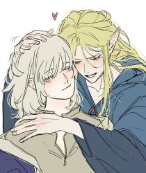 Rule 34 | 2girls, absurdres, blonde hair, blue robe, blush, closed eyes, commentary, dungeon meshi, elf, falin thorden, falin thorden (tallman), forehead-to-forehead, grey hair, hand on another&#039;s head, hand on another&#039;s shoulder, hashtag only commentary, heads together, heart, highres, hug, long hair, marcille donato, medium hair, multiple girls, pointy ears, robe, simple background, smile, ssozei, upper body, white background, yuri