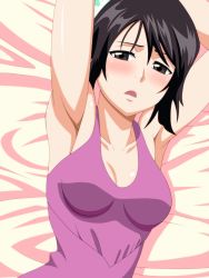 Rule 34 | 1girl, armpits, arms up, bare arms, bed, bed sheet, bleach, blush, breasts, breasts apart, brown eyes, brown hair, collarbone, dress, embarrassed, facing viewer, hair bun, half-closed eyes, highres, hinamori momo, kh-fullhouse, long hair, looking to the side, looking up, lying, matching hair/eyes, medium breasts, nervous, on back, on bed, open mouth, purple dress, single hair bun, sleeveless, sleeveless dress, solo, tongue, upper body