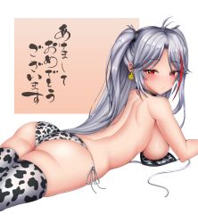 Rule 34 | 1girl, 2021, animal print, ass, azur lane, bikini, black choker, blush, breasts, chinese zodiac, choker, cow print, highres, large breasts, long hair, looking at viewer, looking back, lying, multicolored hair, on stomach, prinz eugen (azur lane), red eyes, red hair, sideboob, silver hair, simple background, skindentation, solo, streaked hair, string bikini, swimsuit, tag, thighhighs, twintails, two-tone hair, urarasy, year of the ox