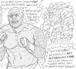 Rule 34 | 1boy, arm tattoo, bb (baalbuddy), clenched hands, commentary, elemental (creature), english commentary, english text, fingerless gloves, greyscale, highres, joe rogan, male focus, martial arts, mma gloves, monochrome, monster, muscular, navel, orc, original, parody, real life, sweat, tattoo, tusks, wide-eyed
