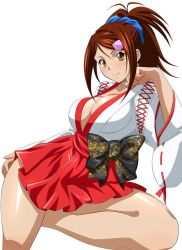 Rule 34 | 1girl, artist request, bachou mouki, bare legs, bow, breasts, brown hair, cleavage, dark-skinned female, dark skin, facing viewer, female focus, high ponytail, ikkitousen, japanese clothes, light smile, looking at viewer, medium breasts, miko, no bra, nontraditional miko, ponytail, scrunchie, sidelocks, simple background, smile, solo, tagme, white background, yellow eyes
