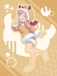 Rule 34 | 1girl, ;q, bare legs, barefoot, bat wings, blue hair, blush stickers, commentary, demon hood, drawstring, fake horns, finger to face, full body, gustavo schuler, highres, hood, hood up, hooded jacket, horns, hozuki kaede, jacket, long sleeves, looking at viewer, multicolored hair, official alternate costume, one eye closed, onii-chan wa oshimai!, orange shorts, outline, pink eyes, pink hair, short shorts, shorts, smile, solo, standing, standing on one leg, tongue, tongue out, two-tone hair, wings, yellow outline