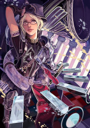 Rule 34 | 1girl, arm up, armor, blonde hair, glasses, grey eyes, hat, lips, original, solo, tomohito