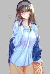 Rule 34 | 1girl, amano don, black hair, blue eyes, blue sweater, blush, breasts, closed mouth, flying sweatdrops, grey background, hair between eyes, hairband, idolmaster, idolmaster cinderella girls, jewelry, large breasts, long hair, looking at viewer, necklace, sagisawa fumika, shawl, simple background, solo, sweater