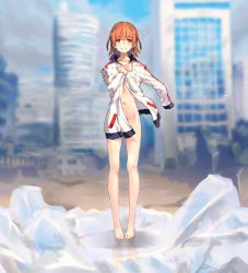 Rule 34 | 1girl, barefoot, blurry, blurry background, blush, bottomless, brown eyes, brown hair, building, closed mouth, commentary request, crossed arms, day, depth of field, groin, ice, jacket, long sleeves, looking at viewer, misaka mikoto, naked jacket, navel, open clothes, open jacket, outdoors, raika9, skyscraper, solo, standing, toaru kagaku no railgun, toaru majutsu no index, torn clothes, torn jacket, track jacket, white jacket