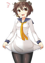 Rule 34 | 10s, 1girl, bad id, bad pixiv id, brown eyes, brown hair, clothes lift, dress, dress lift, kankitsunabe (citrus), kantai collection, open mouth, pantyhose, sailor dress, short hair, solo, standing, yukikaze (kancolle)