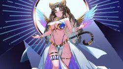 Rule 34 | 1girl, animal ears, bangle, bare arms, bare shoulders, blue background, blue gemstone, bracelet, breasts, brown hair, cat ears, cat tail, cleavage, curvy, dee the sphinx (vtuber), feathered wings, gem, gold bra, gold bracelet, gradient wings, grin, hair ornament, indie virtual youtuber, jewelry, kitatyoco, large breasts, long hair, long skirt, looking at viewer, midriff, multicolored wings, narrow waist, navel, pelvic curtain, pyramid (structure), revealing clothes, skirt, sleeveless, smile, solo, sphinx, standing, stomach, tail, tail ornament, teeth, thick thighs, thighs, usekh collar, virtual youtuber, wide hips, wings, yellow eyes
