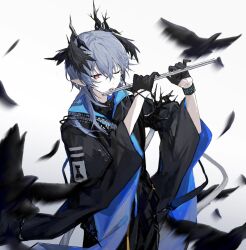 Rule 34 | 1boy, arknights, bird, black bird, black feathers, black gloves, black jacket, black pants, black wings, blue hair, bracelet, chinese commentary, clothes writing, commentary, cowboy shot, demon horns, earrings, feathers, flute, gloves, grey hair, hair between eyes, head wings, highres, holding, holding flute, holding instrument, horns, infection monitor (arknights), instrument, jacket, jewelry, logos (arknights), long hair, long sleeves, male focus, mole, mole under eye, motoharu (motoharuuuu), music, one eye closed, pants, parted lips, playing flute, playing instrument, pointy ears, red eyes, rhodes island logo (arknights), simple background, solo, white background, wings, zipper