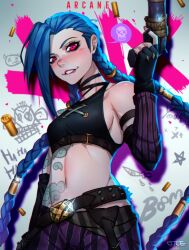 Rule 34 | 1girl, absurdres, arcane: league of legends, arcane jinx, arm tattoo, belt, black crowser, black gloves, black shirt, blue hair, braid, braided ponytail, breasts, crop top, fingerless gloves, gloves, gun, highres, holding, holding gun, holding weapon, jinx (league of legends), league of legends, long hair, medium breasts, midriff, navel, pants, shirt, smile, solo, stomach, stomach tattoo, striped clothes, striped pants, tattoo, twin braids, weapon