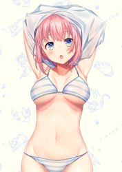 Rule 34 | 1girl, :o, armpits, arms up, bare shoulders, bikini, blush, breasts, collarbone, cowboy shot, hair between eyes, large breasts, looking at viewer, moyui (myi 005), navel, open mouth, original, pink hair, shirt, simple background, skindentation, solo, standing, striped bikini, striped clothes, swimsuit, undressing