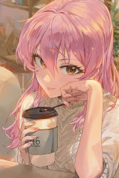 Rule 34 | 10s, 1girl, arm support, blurry, blush, brown eyes, coffee, coffee cup, cup, depth of field, disposable cup, eyelashes, hair between eyes, head rest, highres, holding, idolmaster, idolmaster cinderella girls, jougasaki mika, light smile, long hair, looking at viewer, modare, nail polish, pink hair, pink nails, smile, solo, stirring rod, sweater, upper body, yellow eyes