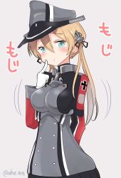 Rule 34 | 1girl, :t, ahenn, aqua eyes, blonde hair, blush, breasts, gloves, grey background, hair between eyes, hat, kantai collection, large breasts, long hair, long sleeves, military, military hat, military uniform, motion lines, peaked cap, pout, prinz eugen (kancolle), simple background, solo, twitter username, uniform, upper body, white gloves