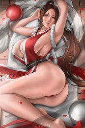 Rule 34 | 1girl, armpits, artist name, ass, barefoot, breasts, brown eyes, brown hair, cleavage, fatal fury, female focus, from above, high ponytail, highres, large breasts, long hair, looking at viewer, lying, ninja, on side, parted lips, pelvic curtain, petals, ponytail, revealing clothes, rope, shiranui mai, sideboob, smile, snk, solo, the king of fighters, thighs, thong, tile floor, tiles, wtparadise