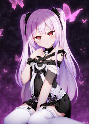 Rule 34 | 1girl, animal, bare shoulders, between legs, black collar, black dress, black ribbon, blush, breasts, bug, butterfly, chain, chrisandita, closed mouth, collar, commentary, dress, frilled thighhighs, frills, hair ribbon, hand between legs, hand up, highres, hololive, insect, looking at viewer, pink hair, red eyes, ribbon, see-through, sitting, skull, small breasts, solo, thighhighs, twitter username, two side up, uruha rushia, uruha rushia (3rd costume), virtual youtuber, wariza, white thighhighs