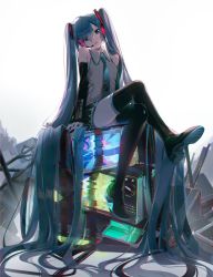 Rule 34 | 1girl, absurdly long hair, absurdres, ahoge, black footwear, black skirt, black sleeves, blue eyes, blue hair, blue necktie, boots, buri (retty9349), collared shirt, detached sleeves, full body, grey shirt, hatsune miku, head tilt, headset, highres, huge filesize, long hair, long sleeves, looking at viewer, miniskirt, necktie, parted lips, pleated skirt, revision, shirt, simple background, sitting, skirt, solo, television, thigh boots, thighhighs, twintails, very long hair, vocaloid, white background, zettai ryouiki