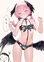 Rule 34 | 1boy, 1girl, absurdres, bikini, black bikini, black bow, black wings, blue archive, bow, brown background, commentary, doodle sensei (blue archive), flat chest, front-tie bikini top, front-tie top, hair bow, head wings, highres, koharu (blue archive), koharu (swimsuit) (blue archive), long hair, looking at viewer, low wings, navel, official alternate costume, pink hair, sensei (blue archive), shino (shinotsuki3423), simple background, solo focus, standing, sweat, swimsuit, translated, twintails, wings