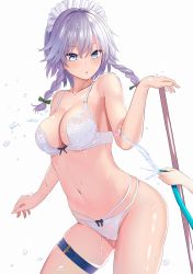 Rule 34 | 1girl, :o, amisu, bare arms, bare shoulders, blue eyes, blush, bow, bow panties, bra, braid, breasts, collarbone, commentary request, cowboy shot, green bow, groin, hair between eyes, hair bow, hand up, holding, hose, izayoi sakuya, large breasts, looking at viewer, maid headdress, multi-strapped panties, navel, panties, parted lips, short hair, silver hair, simple background, skindentation, solo focus, standing, stomach, thigh strap, thighs, touhou, twin braids, underwear, underwear only, water, white background, white bra, white panties