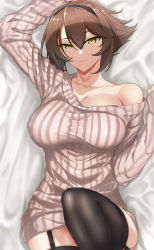 Rule 34 | 1girl, black thighhighs, breasts, brown hair, cleavage, closed mouth, collarbone, garter straps, green eyes, headband, highres, jacket, kantai collection, knee up, large breasts, long sleeves, looking at viewer, lying, mutsu (kancolle), off shoulder, on back, pink jacket, ribbed jacket, short hair, smile, solo, sweater, thighhighs, utsumi karmin