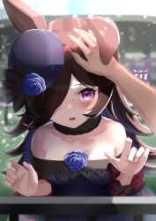 Rule 34 | 1girl, absurdres, animal ears, bare shoulders, blue flower, blue rose, blue sky, blurry, blurry background, blush, brown hair, commentary request, disembodied hand, dress, flower, fur-trimmed collar, fur trim, hair over one eye, headpat, highres, horse ears, horse girl, lens flare, long sleeves, looking at viewer, outdoors, pov, purple dress, purple eyes, purple headwear, rice shower (umamusume), rose, sky, smile, solo focus, sparkle, tearing up, umamusume, upper body, wanderlucia