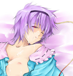Rule 34 | 1girl, bad id, bad pixiv id, breast slip, breasts, cum, cum on body, cum on breasts, cum on hair, cum on upper body, face, facial, komeiji satori, kurokuro, lying, nipples, one breast out, one eye closed, open clothes, open shirt, purple hair, red eyes, shirt, short hair, small breasts, solo, tears, touhou, wink