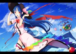 Rule 34 | 1girl, adapted costume, basket, black hat, blue bow, blue hair, bow, cloud, cloudy sky, day, dress, dutch angle, food, fruit, hat, hinanawi tenshi, holding, holding clothes, holding hat, large bow, letterboxed, long dress, long hair, looking at viewer, open mouth, peach, rainbow gradient, rainbow order, red bow, red eyes, short sleeves, sky, smile, solo, standing, tetsurou (fe+), touhou