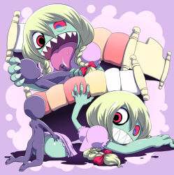 Rule 34 | 1boy, 1girl, ass, bed, betty-san, blonde hair, braid, colored sclera, faceless, faceless male, fellatio, hetero, licking, licking penis, nollety, nude, open mouth, oral, penis, puffy short sleeves, puffy sleeves, purple background, red sclera, sex, sharp teeth, short sleeves, teeth, twin braids, youkai (youkai watch), youkai watch, youkai watch 3