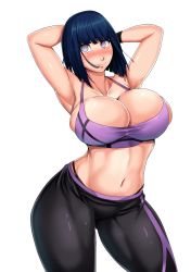 Rule 34 | 1girl, armpits, arms behind head, black hair, black leggings, blunt bangs, blush, breasts, bursting breasts, cleavage, closed mouth, collarbone, cowboy shot, highres, hyuuga hinata, large breasts, leggings, midriff, naruto, naruto (series), navel, nico-mo, shiny clothes, short hair, simple background, smile, solo, sports bra, sportswear, white background, white eyes