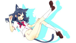 Rule 34 | 10s, 1girl, :d, aano (10bit), animal ears, blue eyes, blue hair, bottomless, cat ears, cat tail, full body, heartcatch precure!, kemonomimi mode, kurumi erika, loafers, long hair, matching hair/eyes, navel, open mouth, precure, school uniform, shoes, simple background, smile, solo, tail, white background