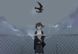 Rule 34 | 1boy, black jacket, black shorts, brown eyes, brown hair, chain-link fence, chinese commentary, commentary request, cowboy shot, fence, grey sky, highres, isoi haruki, jacket, long sleeves, luoxuanyouxing, male focus, off shoulder, open clothes, open jacket, open mouth, saibou shinkyoku, sanpaku, shirt, short hair, shorts, sky, solo, white shirt