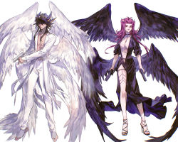 Rule 34 | 1boy, 1girl, absurdres, black dress, black feathers, black hair, blonde hair, blue eyes, breasts, brown eyes, cleavage, closed mouth, coat, dress, dual wielding, facial mark, feathered wings, feathers, floating hair, fudo yusei, full body, gun, hair between eyes, hair ornament, hairpin, handgun, high heels, highres, holding, holding gun, holding weapon, izayoi aki, large breasts, long dress, long hair, long sleeves, multicolored hair, multiple wings, nail polish, naoki (2rzmcaizerails6), navel, open clothes, open coat, open mouth, pants, red hair, red lips, red nails, revealing clothes, side slit, simple background, spiked hair, standing, thighlet, toenail polish, toenails, two-tone hair, very long hair, weapon, white background, white coat, white pants, white wings, wings, yu-gi-oh!, yu-gi-oh! 5d&#039;s