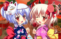 Rule 34 | 2girls, alternate costume, alternate hairstyle, bad id, bad pixiv id, bag, blonde hair, blue hair, blush, candy apple, fang, female focus, festival, fish, flandre scarlet, floral print, flower, food, fox mask, goldfish, hair flower, hair ornament, hair ribbon, heart, heart-shaped pupils, japanese clothes, kimono, looking at viewer, looking back, mask, mask on head, multiple girls, no headwear, no headwear, obi, one eye closed, open mouth, red eyes, red sky, remilia scarlet, ribbon, rika-tan (rikatantan), sash, short hair, siblings, side ponytail, sisters, sky, smile, market stall, sunset, symbol-shaped pupils, touhou, tree, wink