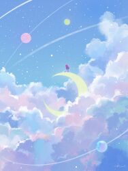 Rule 34 | 1girl, above clouds, absurdres, artist name, cloud, commentary request, crescent moon, dress, facing away, from behind, highres, long hair, moon, night, night sky, on crescent, orbital path, original, outdoors, pink hair, planet, short sleeves, signature, sitting, sky, solo, star (sky), starry sky, white dress, wide shot, yuzuki kino