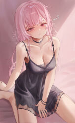 Rule 34 | ..., ...?, 1girl, ?, black choker, black nightgown, blush, breasts, choker, cleavage, highres, hololive, hololive english, large breasts, long hair, looking at viewer, mori calliope, mori calliope (6th costume), nightgown, official alternate costume, pink hair, red eyes, rryiup, smile, solo, virtual youtuber