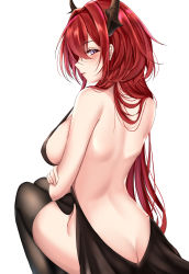 Rule 34 | 1girl, absurdres, arknights, back, back focus, bare back, bare shoulders, black thighhighs, blush, breasts, butt crack, commentary, from behind, hair intakes, highres, horns, large breasts, long hair, looking at viewer, looking back, match (scp115), purple eyes, red hair, simple background, sitting, solo, surtr (arknights), thighhighs, thighs, very long hair, white background