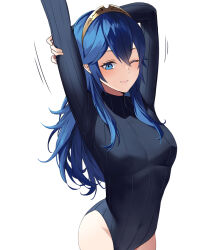 Rule 34 | 1girl, ameno (a meno0), arms up, blue eyes, blue hair, breasts, covered navel, fire emblem, fire emblem awakening, holding own arm, leotard, long hair, long sleeves, lucina (fire emblem), nintendo, one eye closed, simple background, small breasts, solo, tiara, turtleneck, very long hair, wavy hair, white background