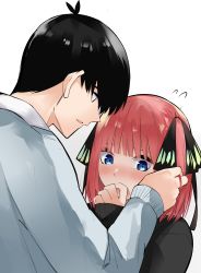Rule 34 | 1boy, 1girl, black cardigan, black hair, black ribbon, blue cardigan, blue eyes, blunt bangs, blush, butterfly hair ornament, cardigan, embarrassed, eyebrows hidden by hair, go-toubun no hanayome, hair ornament, hand to own mouth, highres, holding another&#039;s hair, looking at another, looking away, mame1645, nakano nino, pink hair, raised eyebrows, ribbon, school uniform, shirt, simple background, sleeves past wrists, twintails, uesugi fuutarou, white background, white shirt