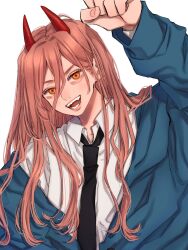 Rule 34 | 1girl, black necktie, blue hoodie, chainsaw man, clenched hand, collared shirt, commentary request, cross-shaped pupils, highres, hood, hoodie, horns, long hair, looking at viewer, necktie, norimaki (seidan0611), open mouth, orange eyes, pink hair, power (chainsaw man), sharp teeth, shirt, smile, solo, symbol-shaped pupils, teeth, white background, white shirt