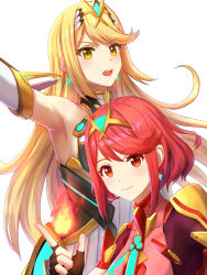 Rule 34 | 2girls, blonde hair, bob cut, chest jewel, earrings, fire, highres, jewelry, long hair, looking at viewer, multiple girls, mythra (massive melee) (xenoblade), mythra (xenoblade), nintendo, open mouth, pyra (xenoblade), red eyes, red hair, smile, super smash bros., swept bangs, tiara, xenoblade chronicles (series), xenoblade chronicles 2, yellow eyes