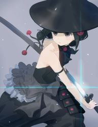 Rule 34 | 1girl, absurdres, bare arms, bare shoulders, black hair, black hat, black pants, black shirt, commentary request, flower, grey background, grey eyes, hair flower, hair ornament, hat, highres, holding, holding sword, holding weapon, jingasa, katana, long arms, looking away, looking to the side, pants, princess principal, puffy pants, red flower, red rose, rose, sheath, shirt, sleeveless, sleeveless shirt, solo, sword, toudou chise, unsheathing, wasabi60, weapon