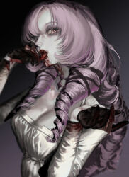 Rule 34 | 1girl, absurdres, black gloves, blood, blood on face, breasts, claw ring, cleavage, dress, drill hair, gloves, gradient background, hair ribbon, highres, hyakumantenbara salome, licking, long hair, long sleeves, looking at viewer, medium breasts, nijisanji, open mouth, purple eyes, purple hair, ribbon, ringlets, simple background, sitry, solo, tongue, tongue out, upper body, vampire, virtual youtuber, white dress