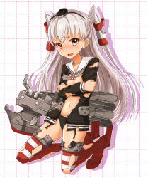 Rule 34 | 10s, 1girl, amatsukaze (kancolle), bad id, bad pixiv id, black dress, black panties, blush, brown eyes, crossed arms, dress, hair tubes, headgear, kantai collection, kneeling, long hair, long sleeves, looking at viewer, machinery, neckerchief, panties, red thighhighs, rensouhou-kun, sailor collar, sailor dress, silver hair, solo, striped clothes, striped thighhighs, telaform, thighhighs, torn clothes, torn thighhighs, two side up, underwear, wavy mouth